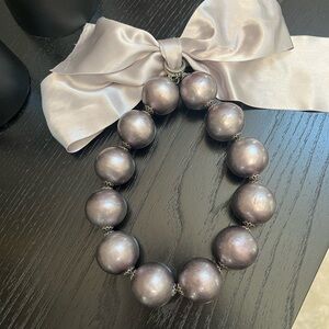 Elegant Gray Pearl Necklace with Ribbon